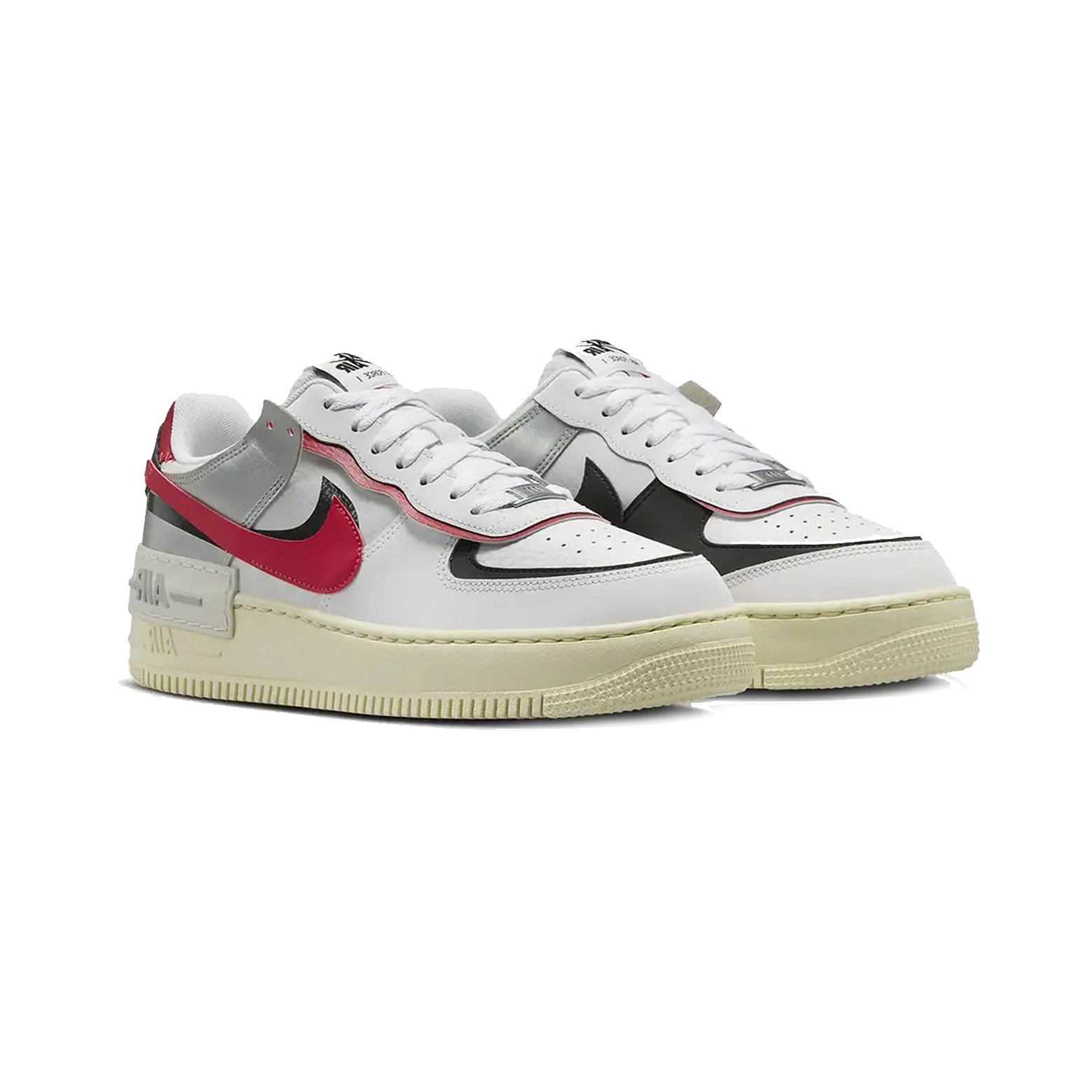 Nike Air Force 1 Shadow Bianca con Swoosh Rosso e Dettagli Argento e Nero