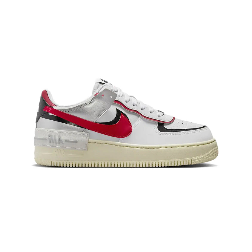Nike Air Force 1 Shadow Bianca con Swoosh Rosso e Dettagli Argento e Nero